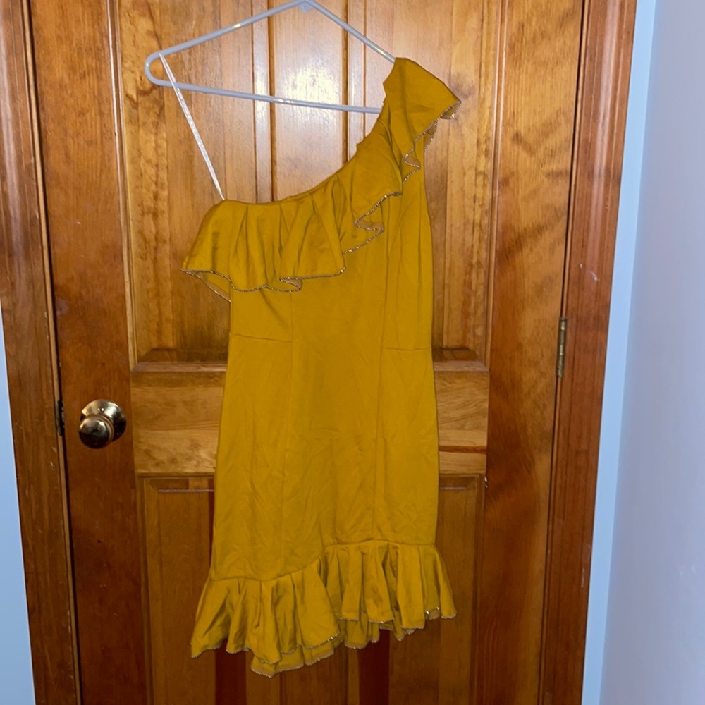 Golden yellow Bebe off the shoulder dress